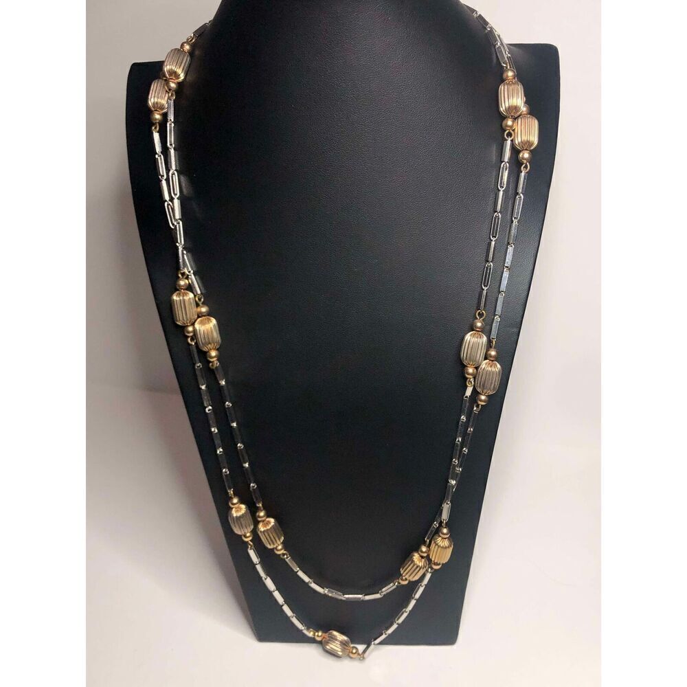 1038 Monet Vintage silver rose tone station link layer chain 62" necklace *read